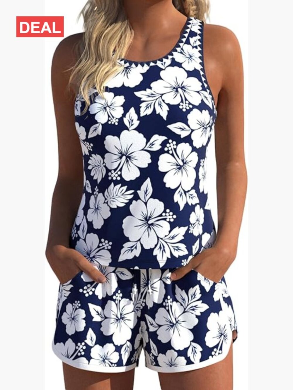Modest Coverage Tankini with Pockets & Board Shorts, Tank Top Swimsuit